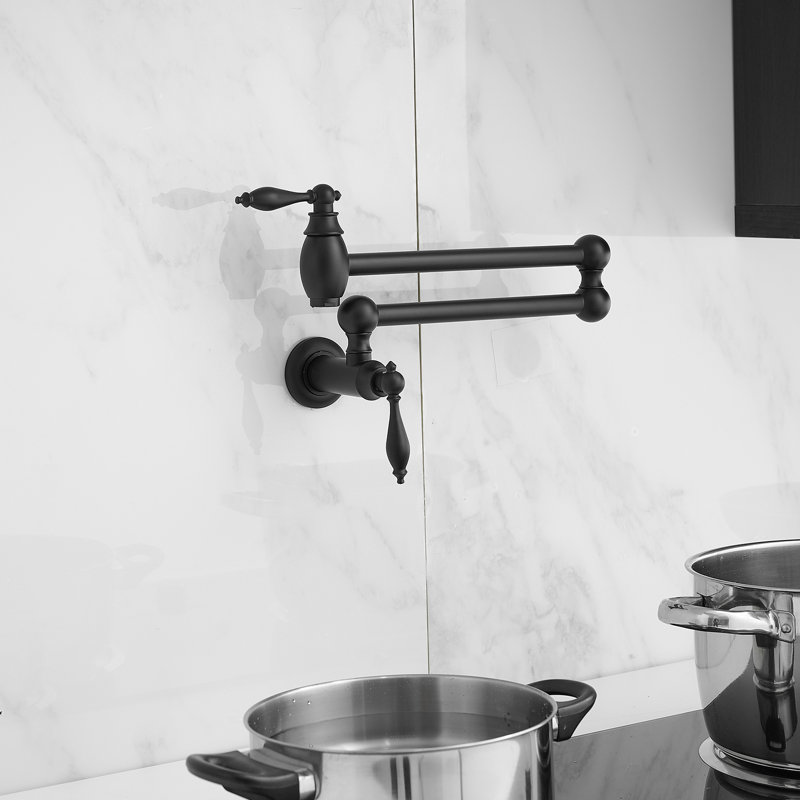 Brass Pot Filler Faucet, 23" Wall Mount Kitchen Folding 2 Handle With Double Joint Swing Arms, Antique Over Stove Water Faucet, Copper Pot Filler, Matte Black