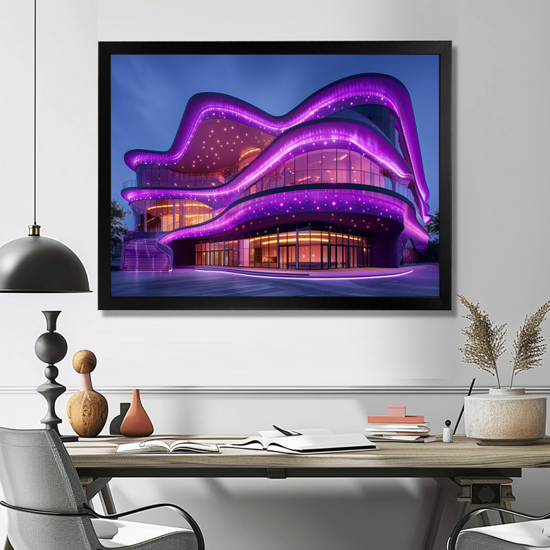 Purple Blue Neon Lights Concert Halls - Concert Halls Wall Art, Black Picture Frame, 12" H x 20" W