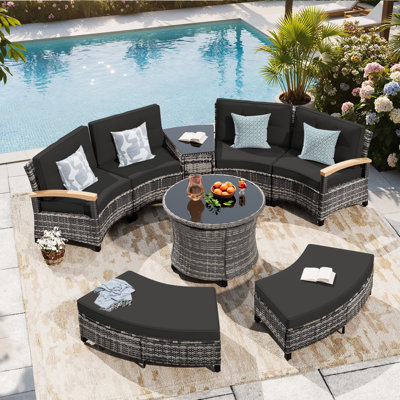 8 Piece Outdoor Patio Furniture Set, Half-moon Curved Sectional Sofa Rattan Conversation Set With Wood Armrests, 2 Half-moon Ottoman,round Table & Side Table