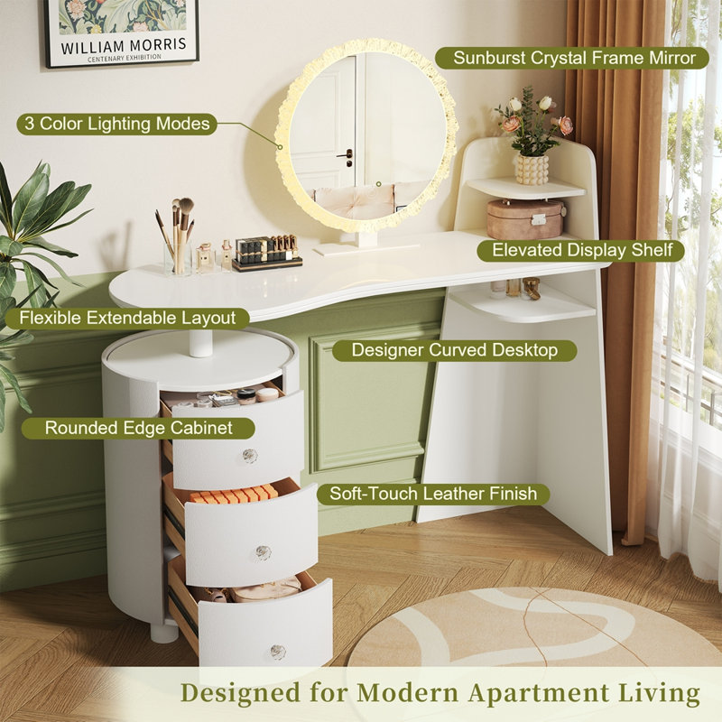 Dressing Table with 3-Color LED Round Mirror