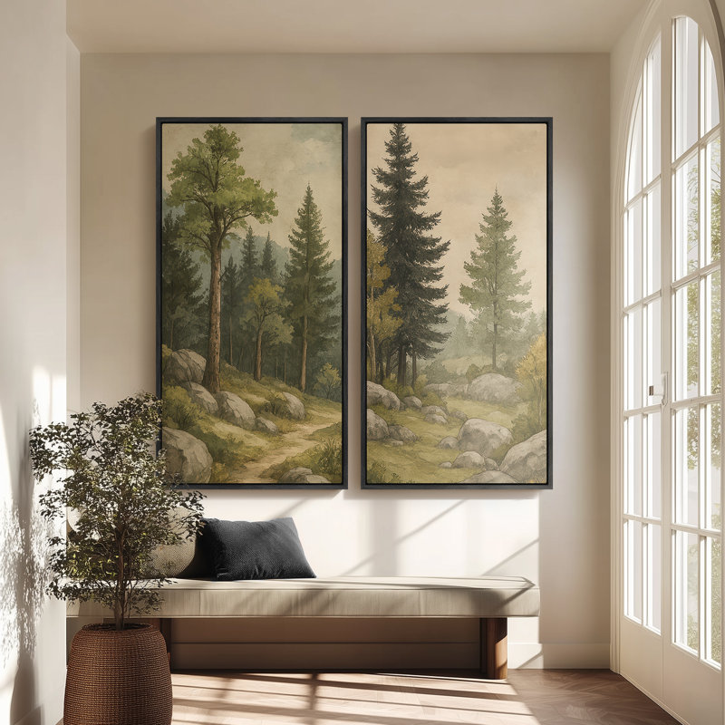 Forêt de pin de montagne avec sentier rocheux pour salon - ensemble de 2 reproductions d'art encadrées sur toile 60 po x 30 po x 2 pièces