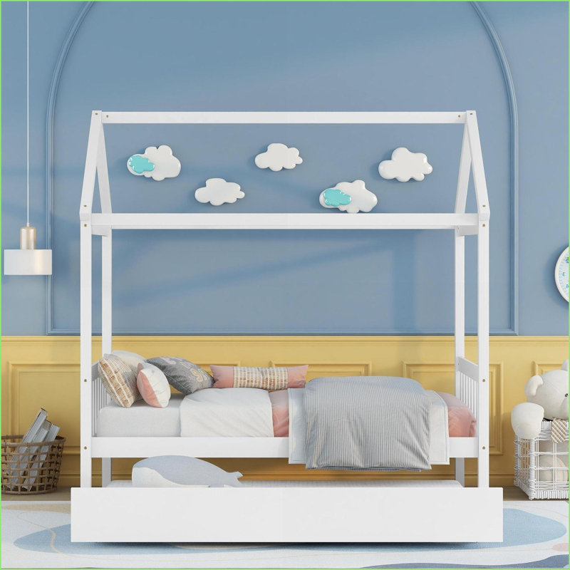 Structure de lit simple en bois de pin massif avec lit gigogne - Aucun sommier requis, blanc