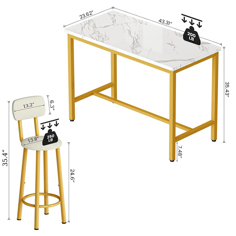 Enchantyd 5 Piece Kitchen & Dining Room Set with 4 Stools, Marble White, Gold