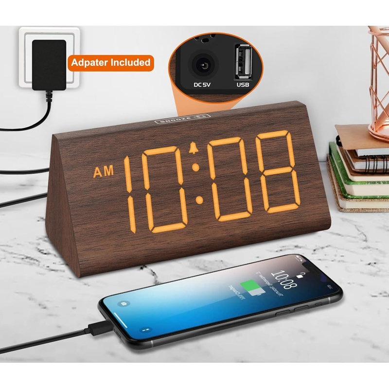 Réveil numérique en bois pour chambre à coucher et bureau, horloge numérique avec grands chiffres, Brown
