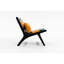 Fauteuil d'appoint en similicuir bleu et jaune, style épuré et simple, usage intérieur/extérieur, assise confortable, structure en bois massif avec revêtement.