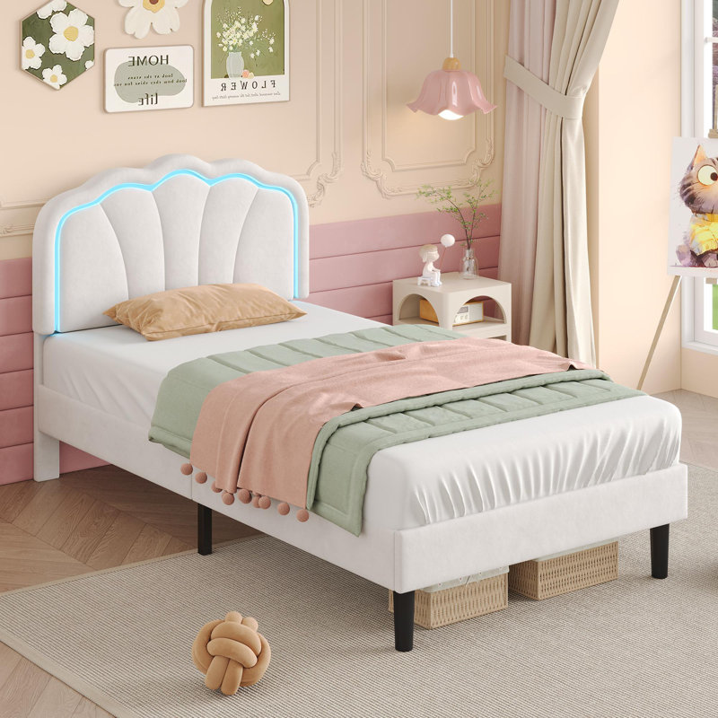 3ft Upholstered Bed With Adjustable Headboard Velvet, White