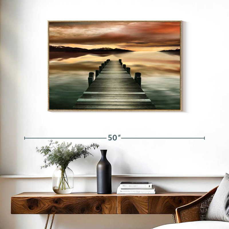 Jetée au coucher du soleil, Cadre flottant en bois naturel, 37 po x 25 po