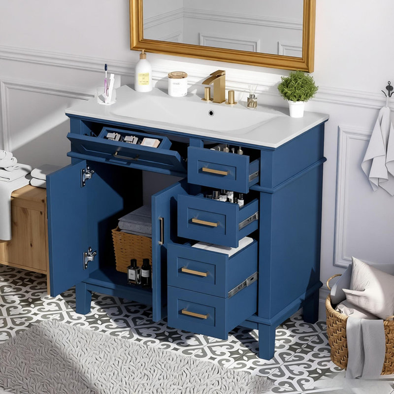 36" Modern Bathroom Vanity with Ceramic Sink, Soft-Close Door, and 4 Storage Drawers, Navy Blue