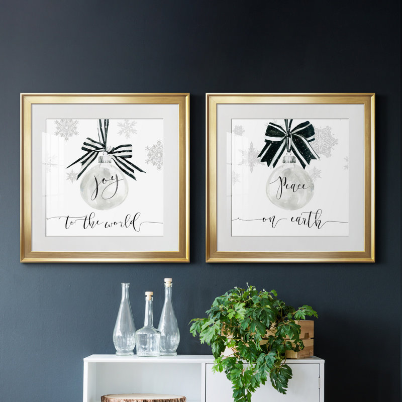 Joy Joy Ornament - ensemble de 2 reproductions d'art textuel, H 17,5 po x l 35 po x P 1,5 po, Papier encadré doré, Blanc