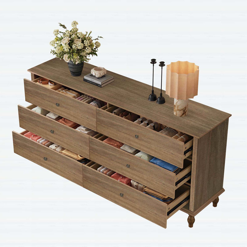 Commode à 6 tiroirs avec glissières à fermeture automatique, poignées en cuivre et métal pour un rangement sécuritaire et élégant