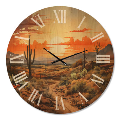 Oversized Desert Printed Wood Wall Clock – Silhouette Cactus Sunrise