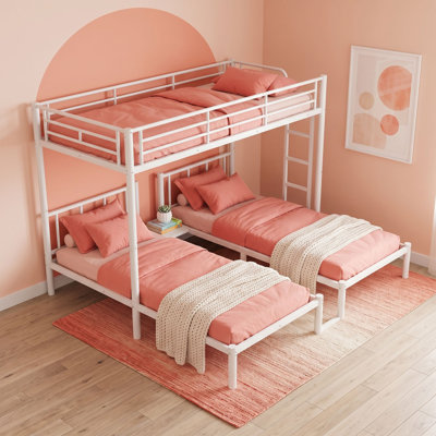 Triple Twin over Twin and Twin Bunk Bed with Detachable Frames and Built-In Storage Shelf