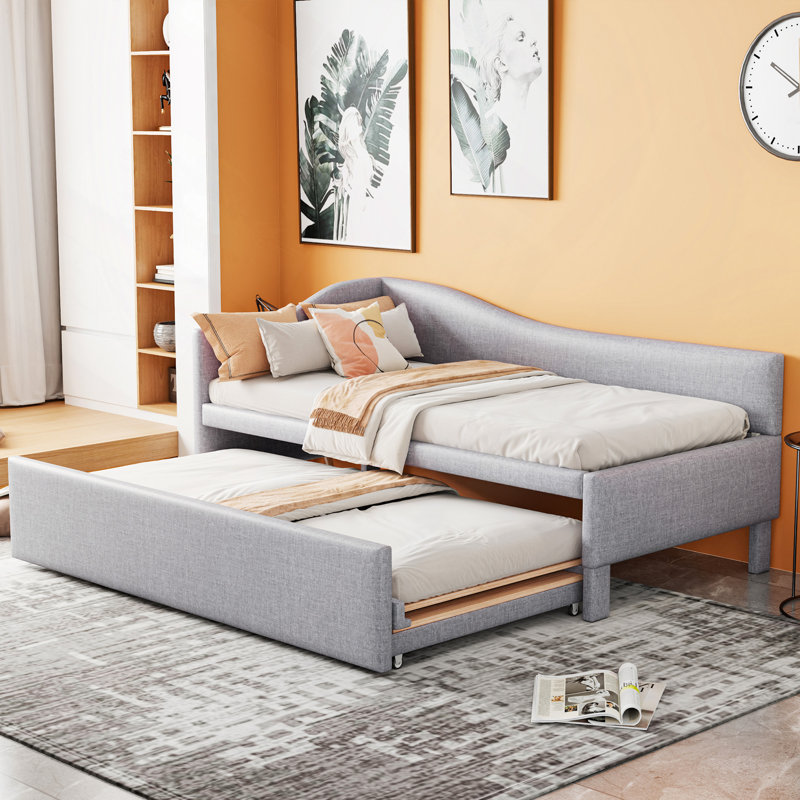 Upholstered L-Shaped Upholstered Daybed With Pop Up Trundle, Gray