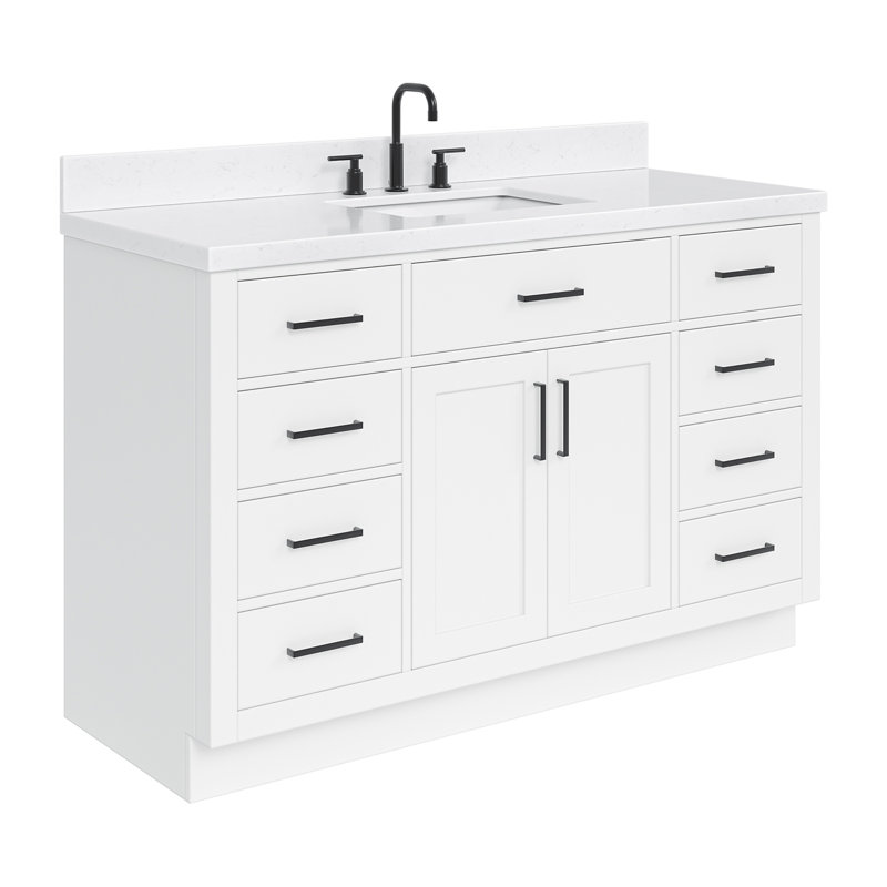 Tidworth 54'' Solid Wood Single Bathroom Vanity with 1.5'' Carrara Quartz Top Sink, White / Matte Black, Rectangular
