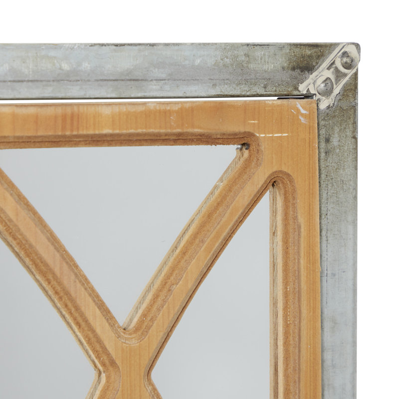Wood Window Pane Inspired Panel Brown Wall Mirror with Galvanized Metal Frame