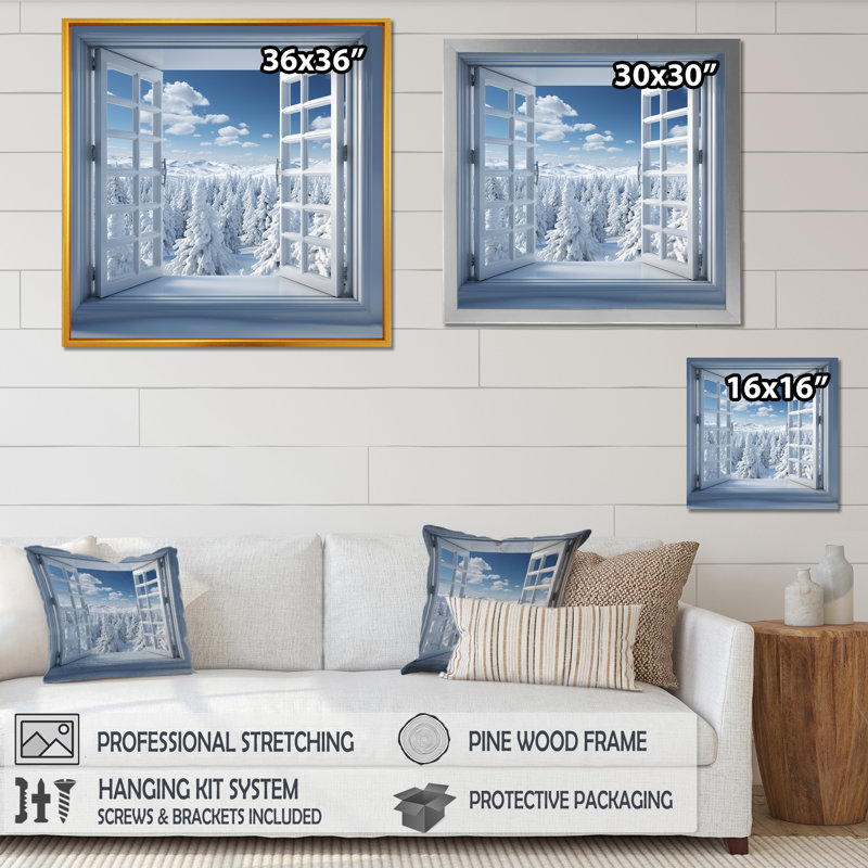 «Forest Winter Window View II - Winter Landscape», art mural, Cadre flottant brun, H 36 po x l 36 po x P 1,5 po