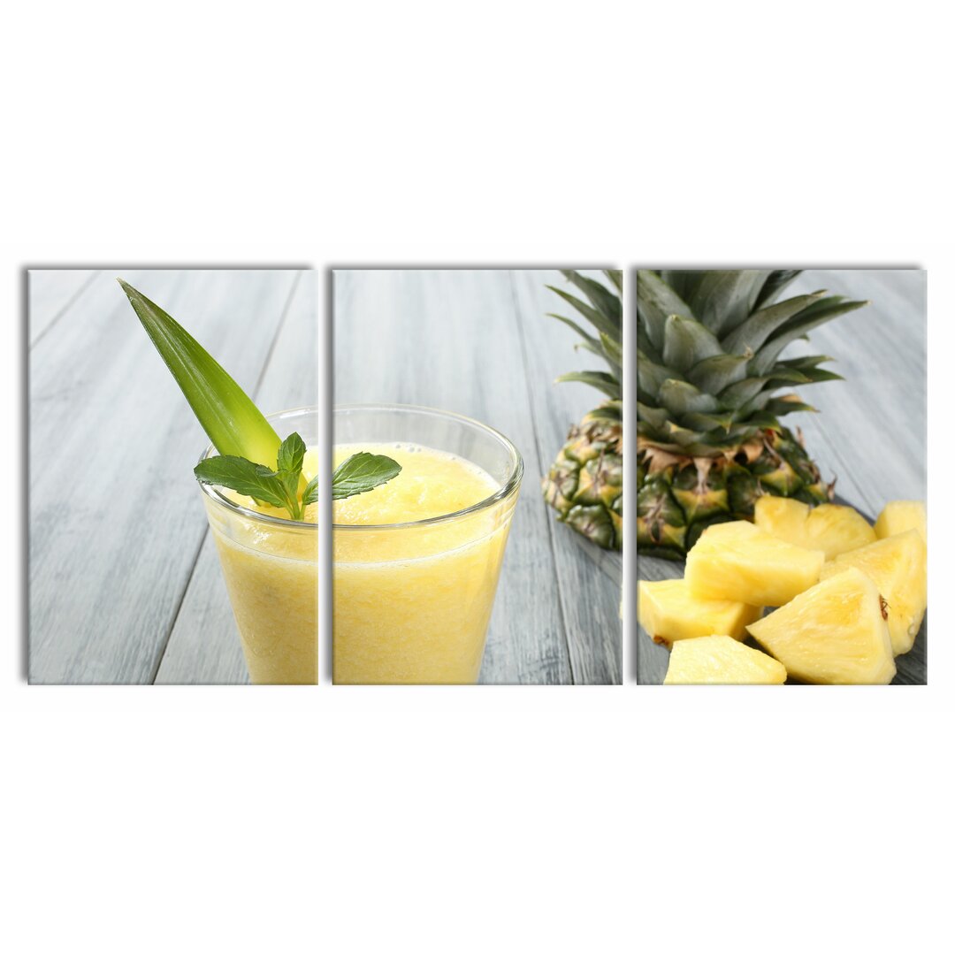 3-tlg. Leinwandbilder-Set Ananas Cocktail auf Holztisch