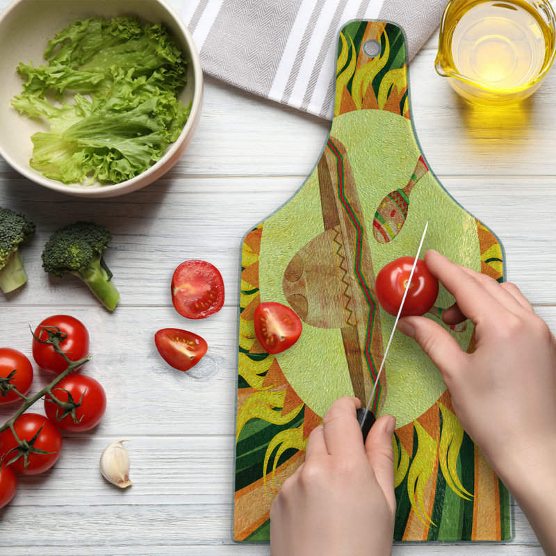 Multicolor Rectangular Tempered Glass Cutting Board with Mexican Design
