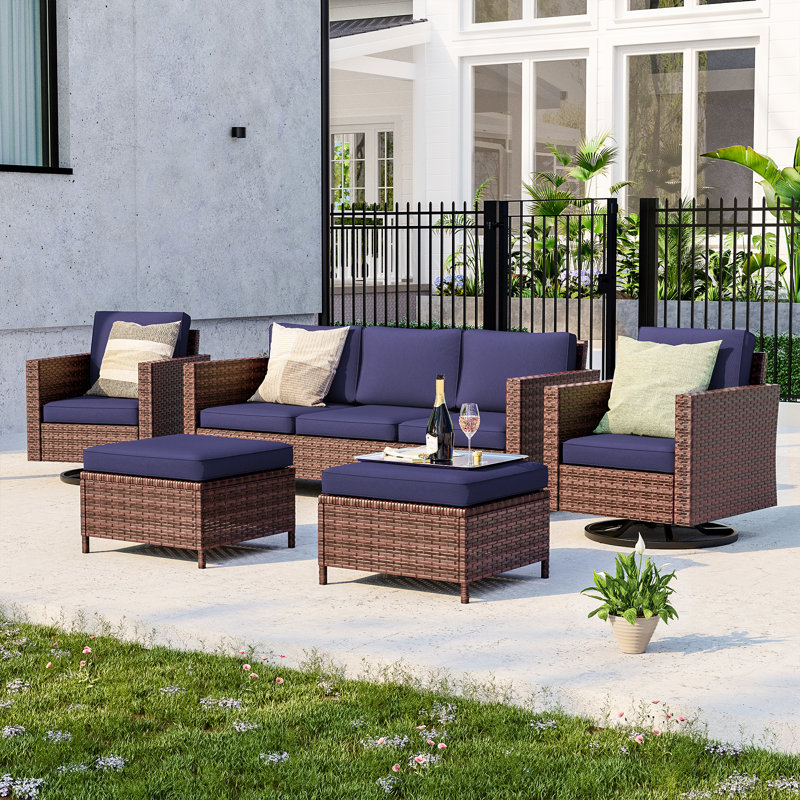 Etna 5 Piece Wicker Sofa Seating Group with Cushions and Swivel Chairs, Brown, Navy