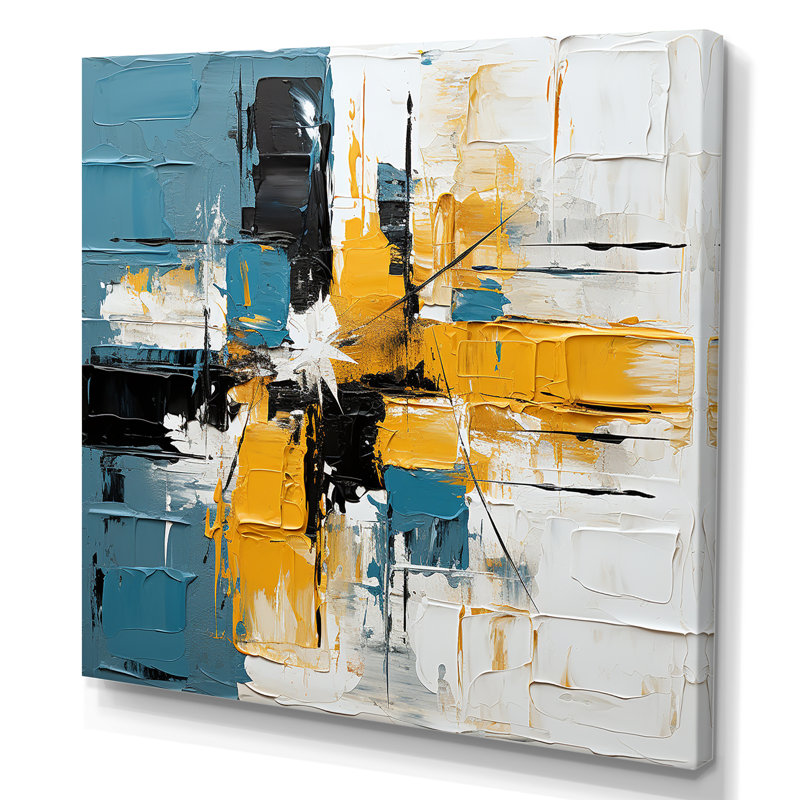 «Blue and Yellow Paint Elegance I», reproduction d'art murale abstraite, H 16 po x l 16 po x P 1 po, Toile tendue