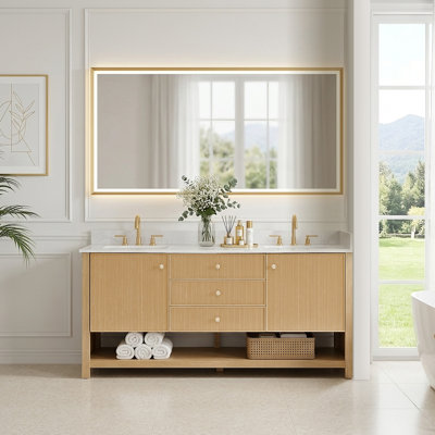 Arnoltice 72" Double Bathroom Vanity in White Oak with Grain White Engineered Stone Countertop No Mirror