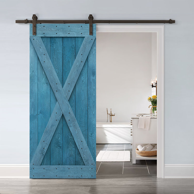 Porte de grange à panneaux et en bois avec quincaillerie d'installation, 48 po x 84 po, Bleu océan, Bronze huilé
