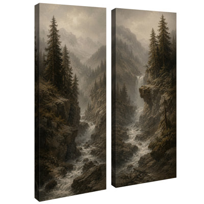 Décoration murale encadrée représentant la cascade des gorges de Moody Mountain et une forêt de pins – Ensemble de 2 impressions sur toile 32 po x 12 po x 2 po