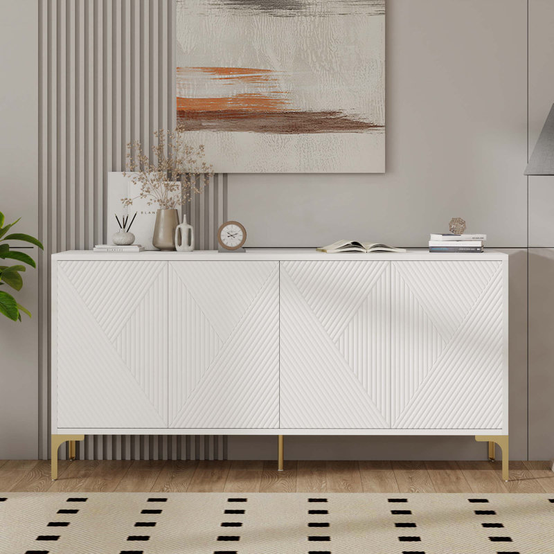 Wood Console Table with  Carved 4-door Sideboard,Adjustable Shelves, White