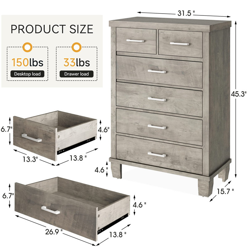 Mairit 31.5'' W 6 - Drawer Dresser, Gray