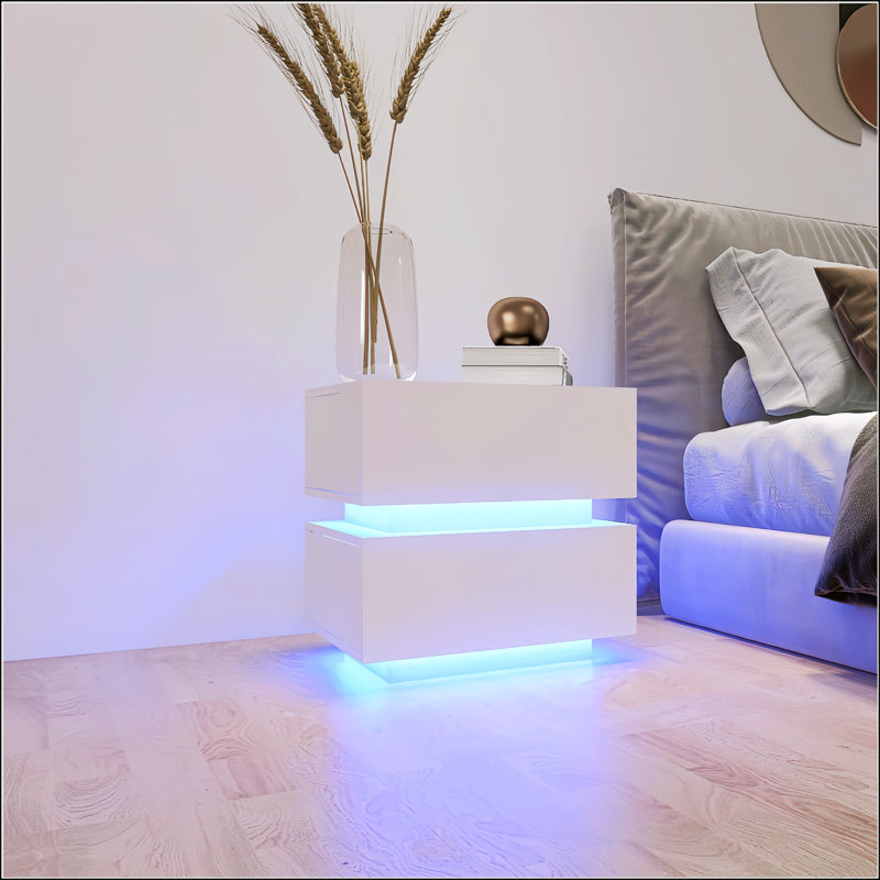 White High Glossy 2-Drawer Bedside Table With RGB LED Light And Bluetooth Control, Perfect For Modern Bedrooms