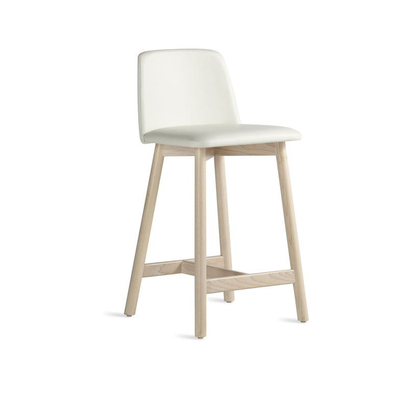 Tabouret Chip, Tabouret de comptoir (siège d'une hauteur de 25,1, Cuir véritable blanc, Frêne blanc délavé