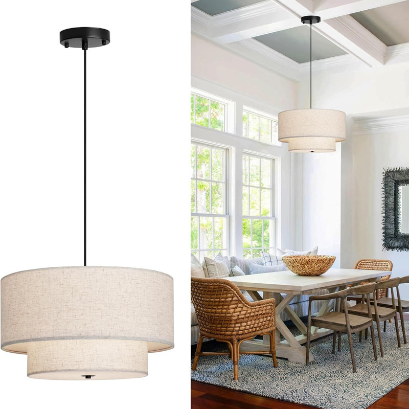 Luminaire suspendu en forme de tambour double moderne de 18 po, grand lustre suspendu avec abat-jour en tissu double couche, idéal pour la salle à manger, le salon, la chambre à coucher et la cuisine