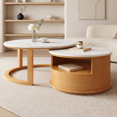 28.5"Round Nesting Coffee Table in Natural｜Luxury White Marble Veneer Tabletop｜ 2-Tier storage and 1 drawer｜Double Open Storage Tiers