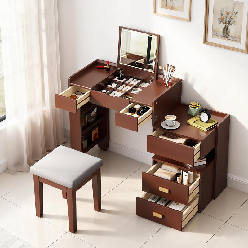 Multi-functional 3-in-1 Makeup Vanity Desk With Flip-top Mirror, Led Lighting, Adjustable Length & Ample Drawers, Walnut