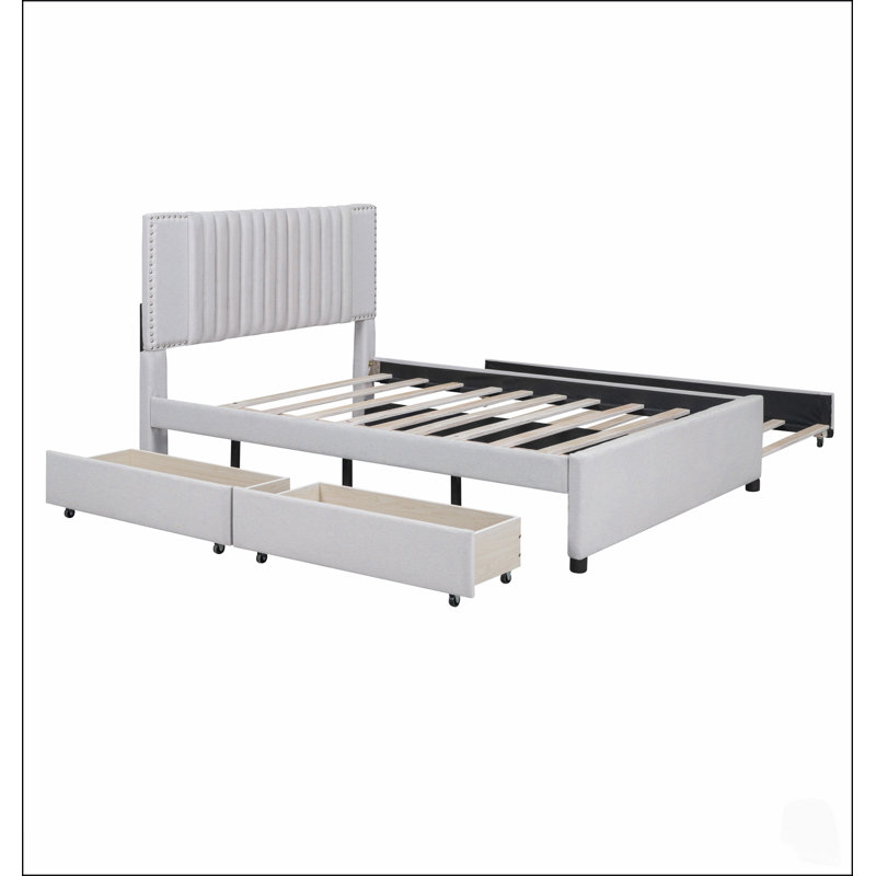 Lit plateforme tapissier avec 2 tiroirs et 1 lit gigogne, tête de lit classique pour l'élégance et le rangement, Double, Gray