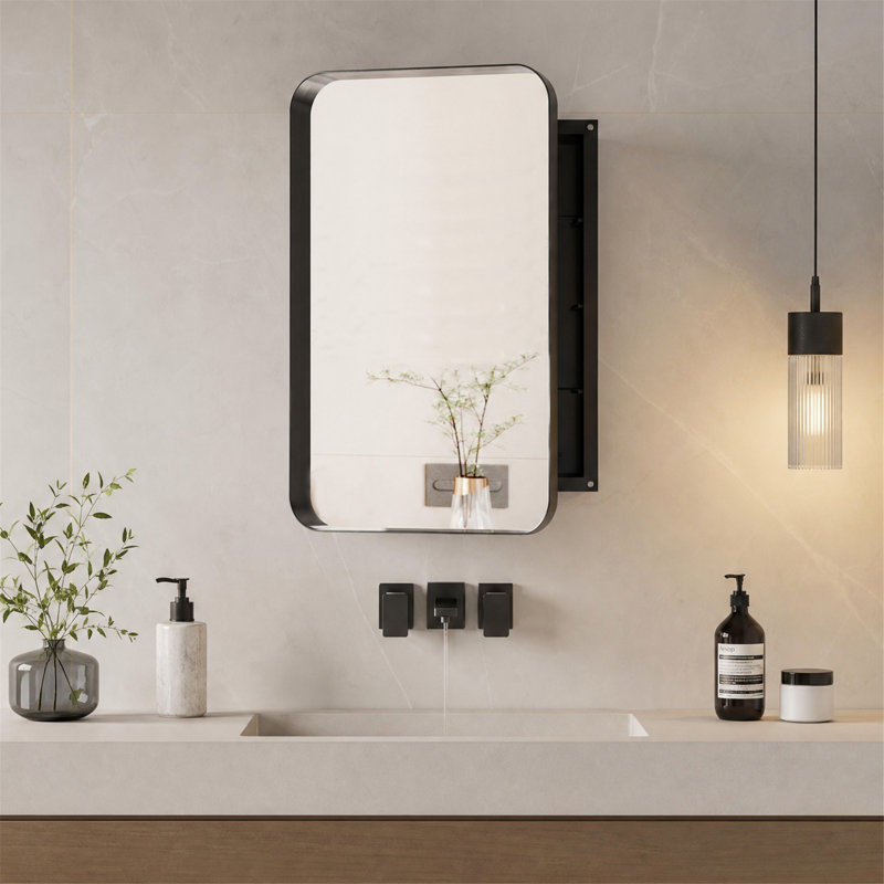 Armoire à pharmacie rectangulaire de 40 cm (15,7 po) avec cadre en métal, miroir et tablettes ajustables, noire, Noir