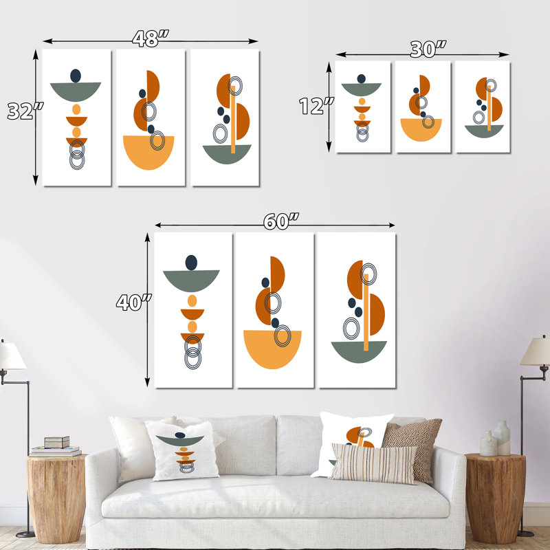 Ensemble de 3 pièces d'art moderne Mid-Century à motif géométrique scandinave, H 28 po x l 36 po