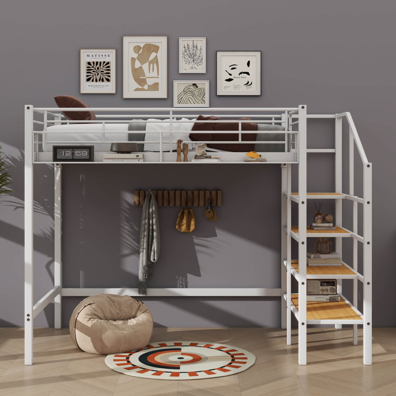 Lit mezzanine en métal robuste avec tablette de rangement supérieure et échelle d'accès latéral, Blanc