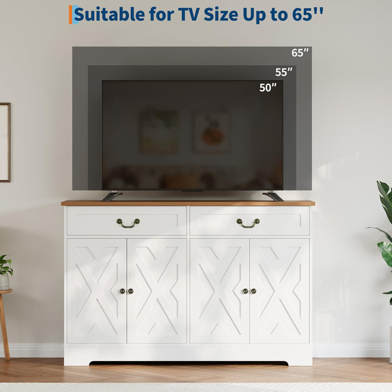 57 Inch Farmhouse Buffet Cabinet with Storage, White Sideboard with 4 Doors & 2 Drawers, Adjustable Shelves Coffee Bar Cabinet, Multi-Functional Storage for Living Room & Dining Room, White