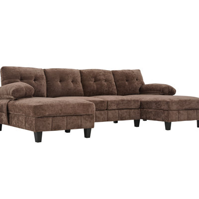 103.5" U-shaped Chenille With Dual Chaise Lounges, Storage Pockets And Armrest Pillows, Stylish For Living Room Decor Brown Fabric Sectional Two Side Ideal Social Gatherings