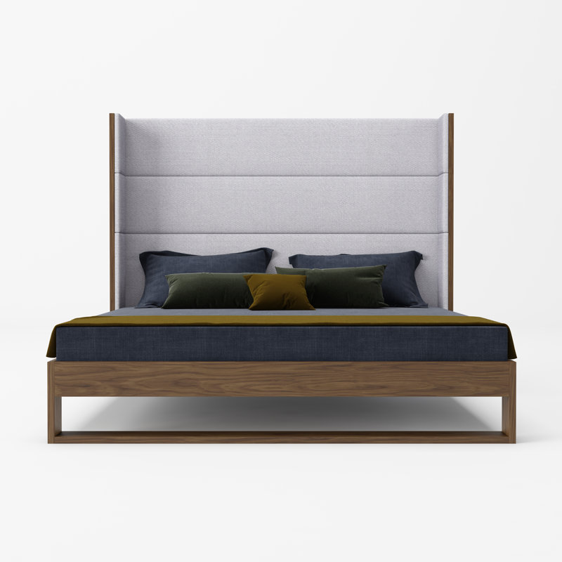 King Walnut Wood Frame Upholstered Wingback Bed with Tufted Headboard