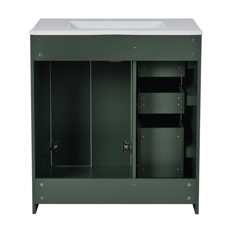 Meuble-lavabo de 30 po en bois massif avec lavabo en céramique, 3 tiroirs et portes à fermeture douce pour un grand rangement