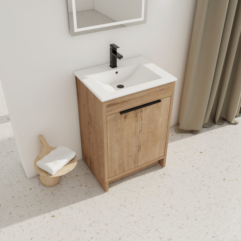 24.09'' Single Bathroom Vanity with Ceramic Top, Oak, White