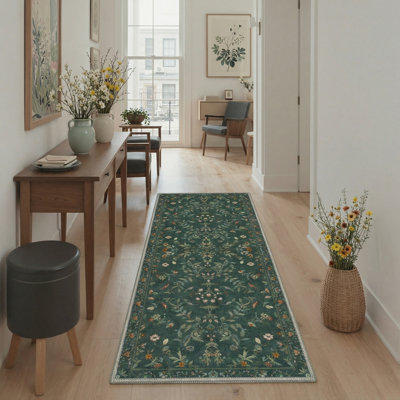 Tapis intérieur vert forêt lavable à la machine avec envers antidérapant Aasen