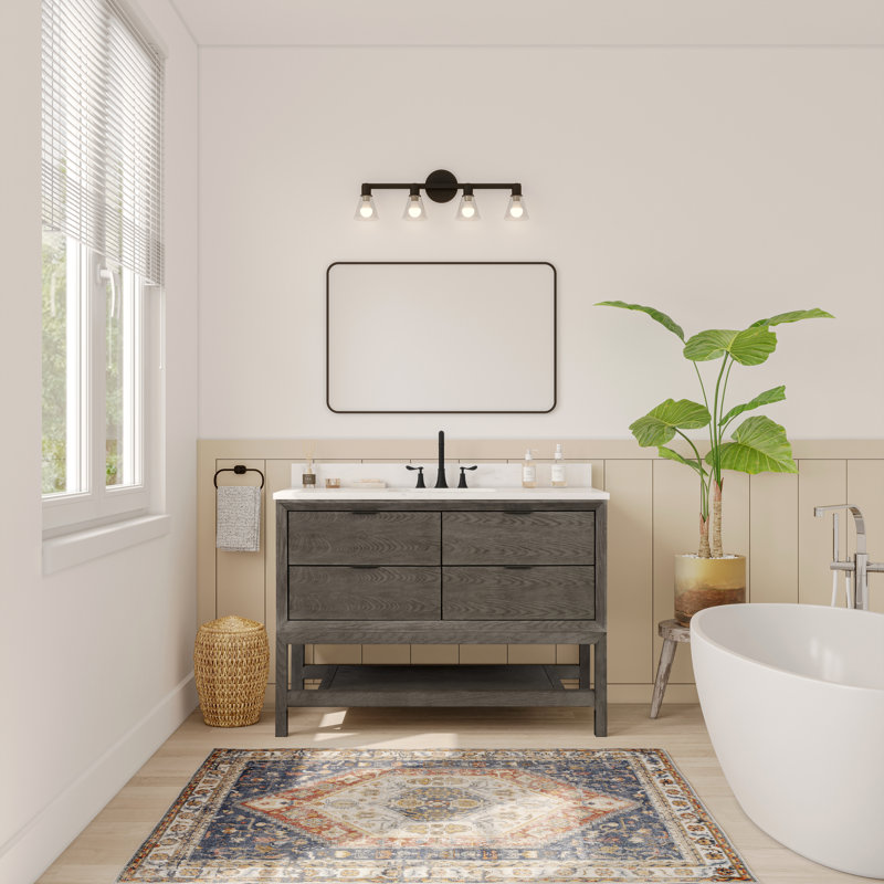 48" Freestanding Single Sink Solid Wood Grey Oak Bathroom Vanity with Engineered Marble Top, Grey Oak