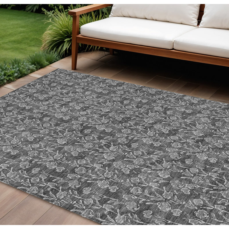 Tapis extérieur lavable floral gris anthracite et argent 10 pi x 14 pi