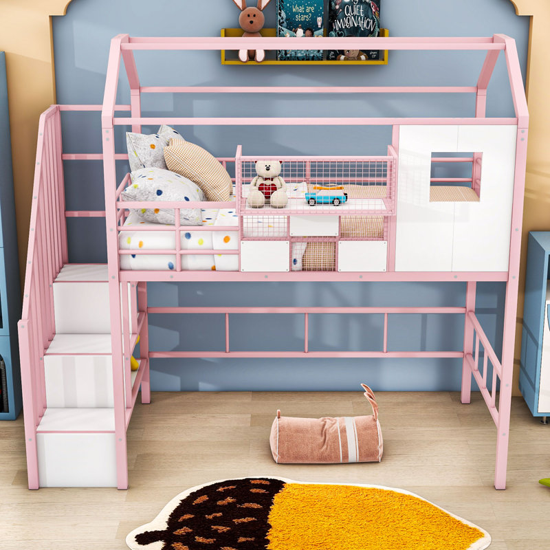Twin-Sized Metal Loft Bed With Roof Design And Shelves, Pink