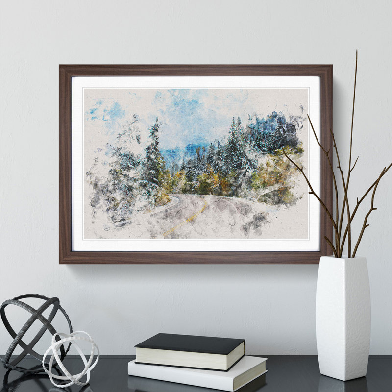 Winter Forest Road Watercolour - Single Picture Frame Print on MDF, Walnut Framed, 45cm H x 63cm W x 2cm D