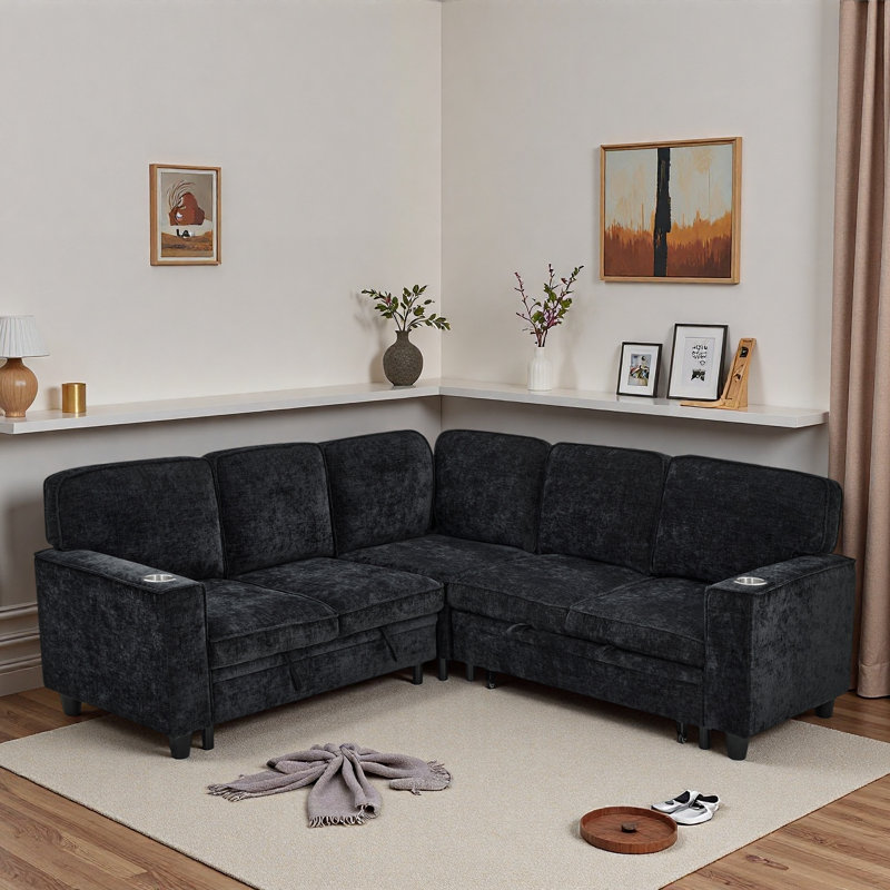 Canapé modulaire en L avec siège de rangement, porte-clés USB et porte-gobelets, Gris anthracite
