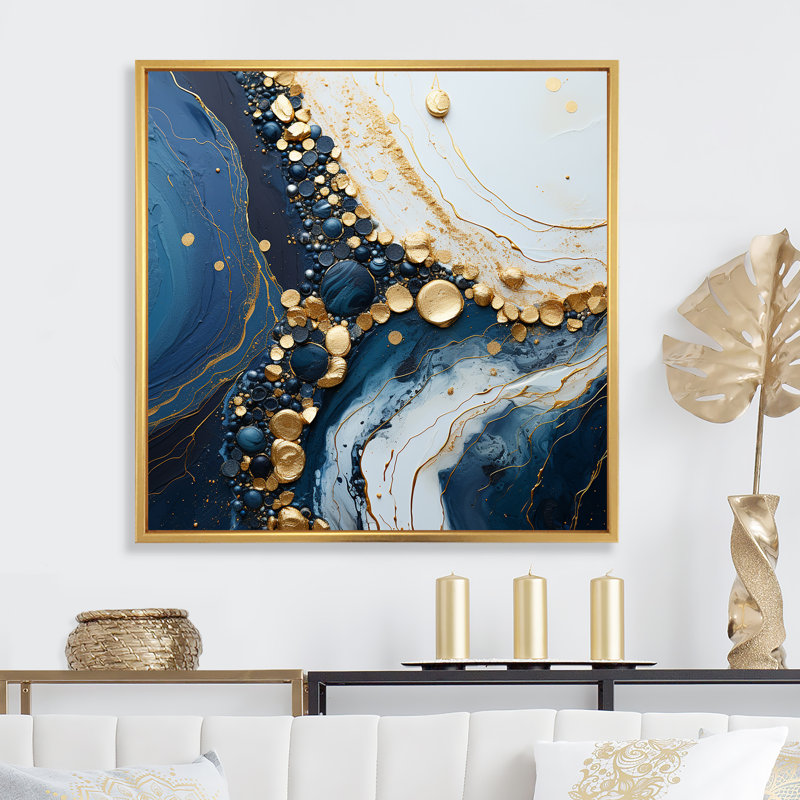 Géode dorée et bleue liquide Art II - encre liquide, art mural abstrait, Cadre flottant doré, H 16 po x l 16 po x P 1 po
